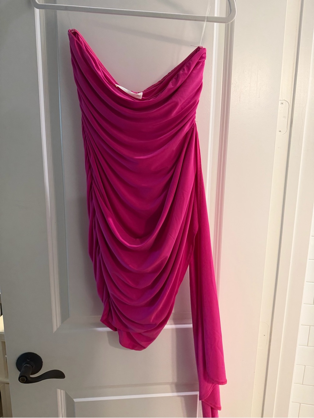 American Threads One-Shoulder Draped Dress in Fuchsia Pink